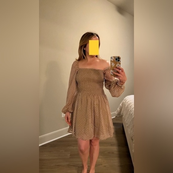 Kourt Calypso Women Tan Smocked Geometric Puff Sheer Sleeve Dress Size Medium - Picture 8 of 8